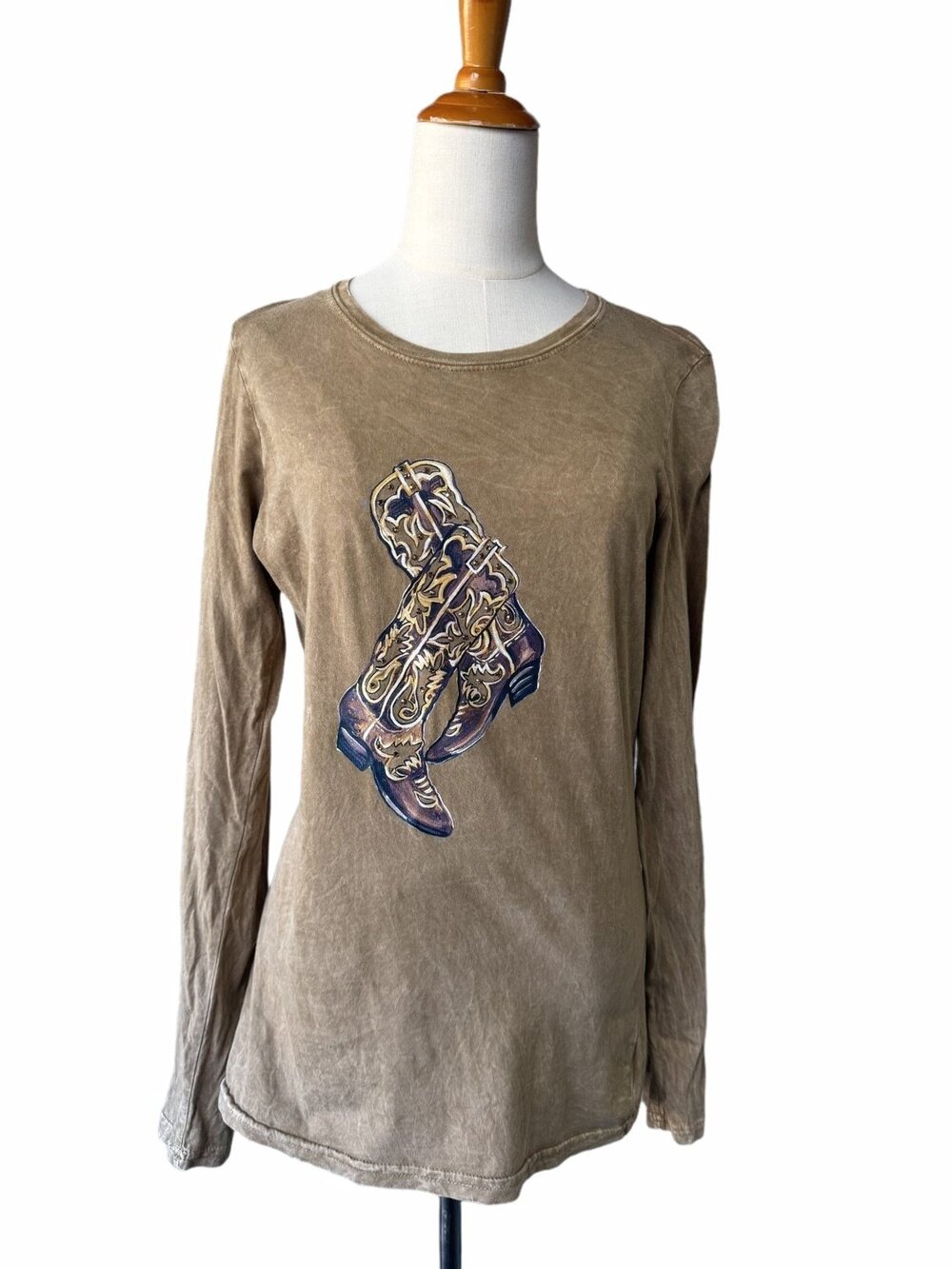 Flash Jack Tees Western Cowboy Boots Graphic T Shirt Womens Brown Long Size L